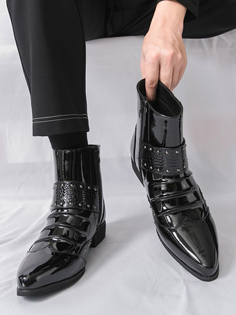 Schwarze Herren-Ankle-Boots mit spitzer Zehenpartie Schnallendetail und Reißverschluss
