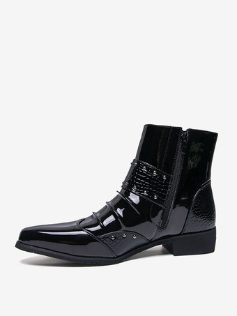 Schwarze Herren-Ankle-Boots mit spitzer Zehenpartie Schnallendetail und Reißverschluss