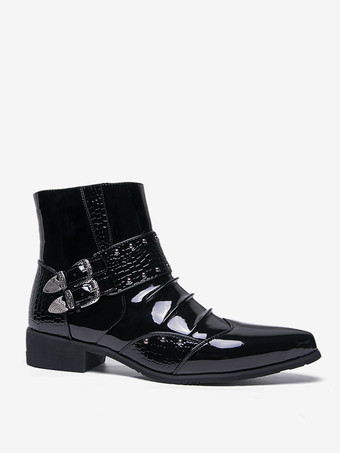 Schwarze Herren-Ankle-Boots mit spitzer Zehenpartie Schnallendetail und Reißverschluss