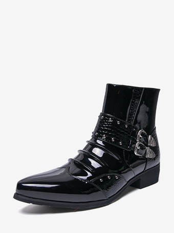 SchwarzSchwarze Herren-Ankle-Boots mit spitzer Zehenpartie Schnallendetail und Reißverschluss