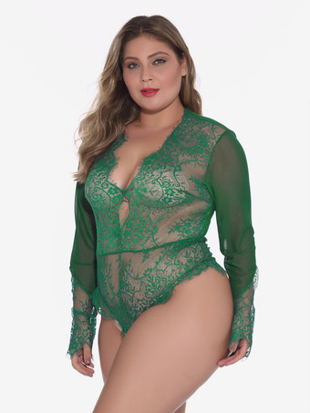 Plus Size Langarm-Body aus transparenter Spitze mit tiefem V-Ausschnitt am Rücken und Schlüssellochausschnitt – sexy Dessous-Teddy