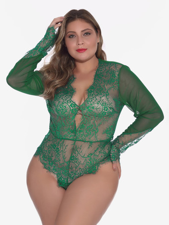 Plus Size Langarm-Body aus transparenter Spitze mit tiefem V-Ausschnitt am Rücken und Schlüssellochausschnitt – sexy Dessous-Teddy