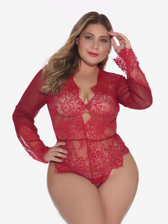 BurgunderrotPlus Size Langarm-Body aus transparenter Spitze mit tiefem V-Ausschnitt am Rücken und Schlüssellochausschnitt – sexy Dessous-Teddy