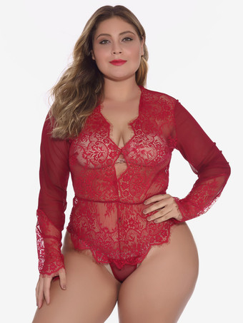 Plus Size Langarm-Body aus transparenter Spitze mit tiefem V-Ausschnitt am Rücken und Schlüssellochausschnitt – sexy Dessous-Teddy
