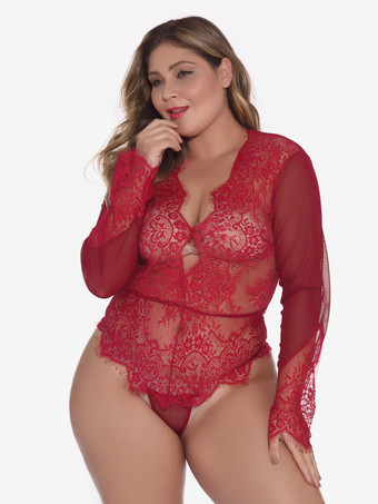 Plus Size Langarm-Body aus transparenter Spitze mit tiefem V-Ausschnitt am Rücken und Schlüssellochausschnitt – sexy Dessous-Teddy