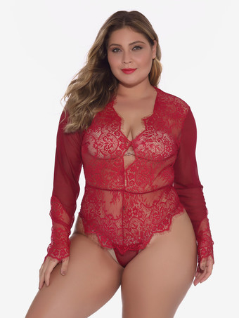 Plus Size Langarm-Body aus transparenter Spitze mit tiefem V-Ausschnitt am Rücken und Schlüssellochausschnitt – sexy Dessous-Teddy