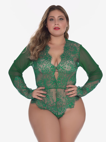 Dunkelgrün      Plus Size Langarm-Body aus transparenter Spitze mit tiefem V-Ausschnitt am Rücken und Schlüssellochausschnitt – sexy Dessous-Teddy