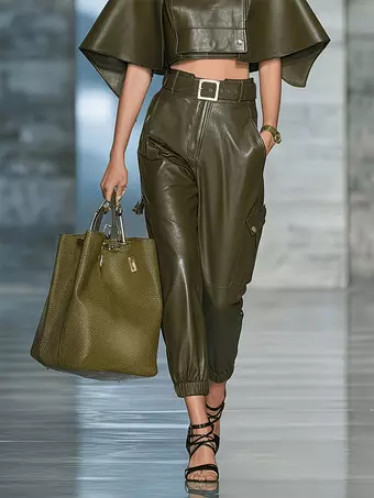 high waisted jogger dress pants Women Waist Belted Faux Leather Cargo Side Pockets Trousers apac