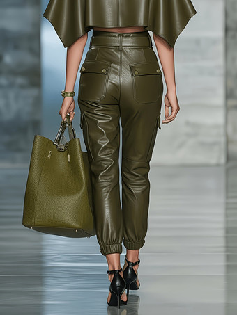 Damen-Jogginghose mit hohem Bund Gürtel und Cargotaschen aus Kunstleder Seitentaschen
