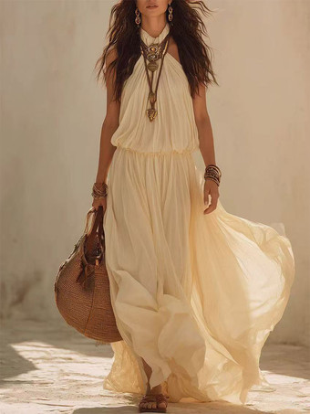milchweißUrlaubskleid Neckholder rückenfrei elastischer Bund fließendes Chiffon-Maxikleid Boho-Strandkleid