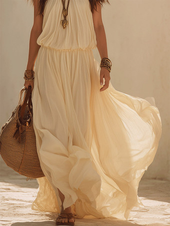 Urlaubskleid Neckholder rückenfrei elastischer Bund fließendes Chiffon-Maxikleid Boho-Strandkleid