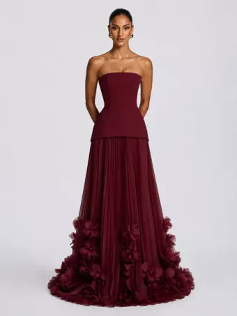 Party Dresses Strapless Corset Waist 3D Floral Pleated Train Flowy Floor Length Maxi Evening Gown