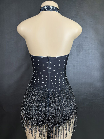 Lateinamerikanisches Tanzkleid blaues Damen-Fransenkleid sexy Neckholderkleid Tanzkostüm