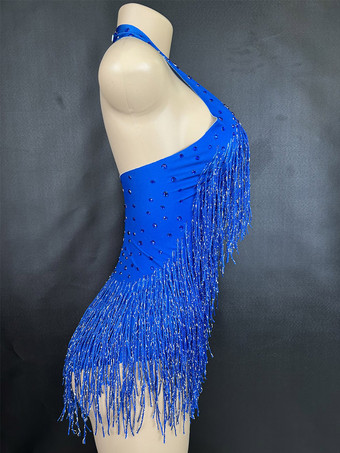 Lateinamerikanisches Tanzkleid blaues Damen-Fransenkleid sexy Neckholderkleid Tanzkostüm