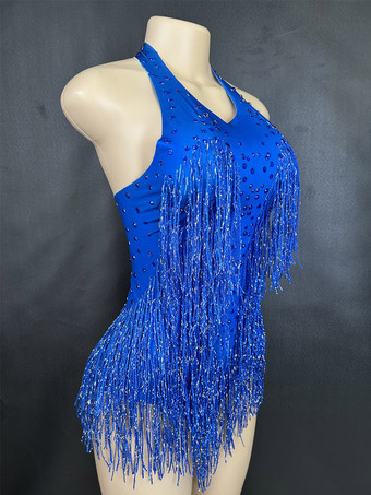 Lateinamerikanisches Tanzkleid blaues Damen-Fransenkleid sexy Neckholderkleid Tanzkostüm