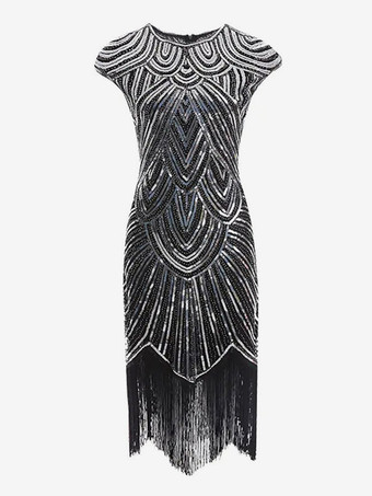 Schwarz - SilberGreat Gatsby Kostüm 1920er Jahre Flapper-Kleid Pailletten Schwarz Silber Retro Kostüm