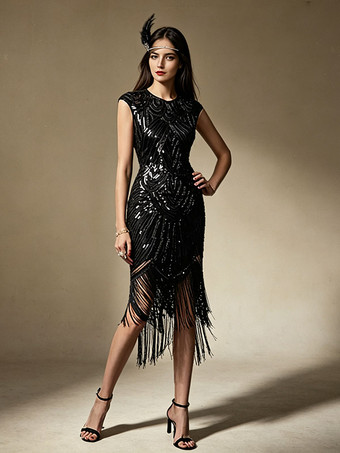 SchwarzGreat Gatsby Kostüm 1920er Jahre Flapper-Kleid Pailletten Schwarz Silber Retro Kostüm
