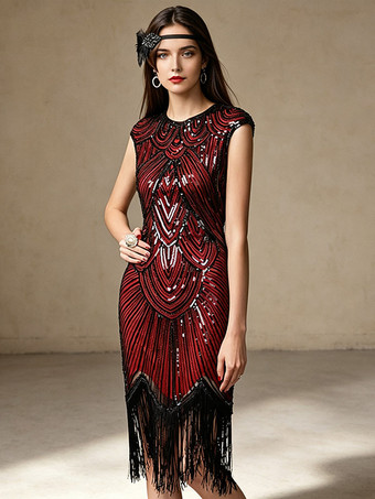 RotGreat Gatsby Kostüm 1920er Jahre Flapper-Kleid Pailletten Schwarz Silber Retro Kostüm