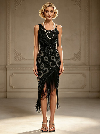 SchwarzGreat Gatsby Kleid Flapper-Kleid der 1920er Jahre Paillettenkleid schwarzes Kleid Vintage-Kostüme