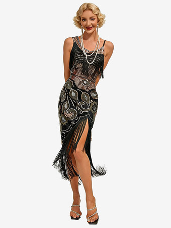 Great Gatsby Kleid Flapper-Kleid der 1920er Jahre Paillettenkleid schwarzes Kleid Vintage-Kostüme