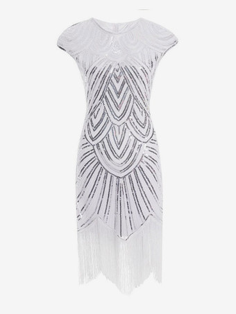 WeißGreat Gatsby Kostüm 1920er Jahre Flapper-Kleid Pailletten Schwarz Silber Retro Kostüm