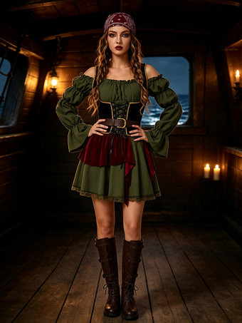 ドレス衣装、ファンシーコスチューム、海賊船長、中世、ルネッサンス、女性用、ハロウィン、カーニバル