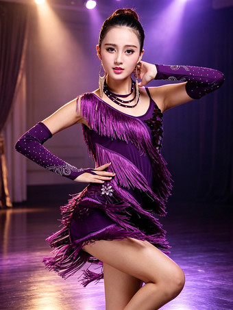 パープル ラテンダンスドレス 赤い女の子用フリンジドレス セクシーなドレスショーツ ダンスウェア