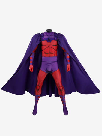 X-メン 97 マグニートー コスプレ エリック スーパーヒーロー衣装 赤紫のボディスーツ ドラマチックなケープ ヘルメット フルセット