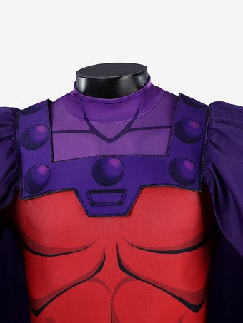 X-メン 97 マグニートー コスプレ エリック スーパーヒーロー衣装 赤紫のボディスーツ ドラマチックなケープ ヘルメット フルセット