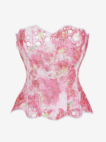RosaKorsett-Bustier aus rosafarbener floraler Spitze mit Überbrustband trägerlos mit Stahlstäben verstärkt