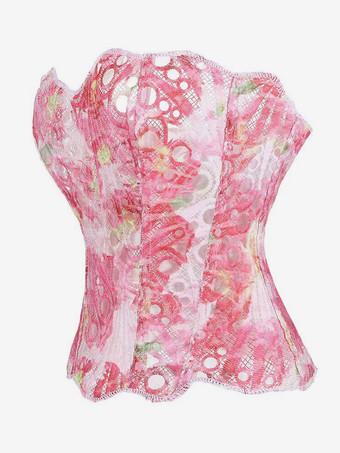 Korsett-Bustier aus rosafarbener floraler Spitze mit Überbrustband trägerlos mit Stahlstäben verstärkt