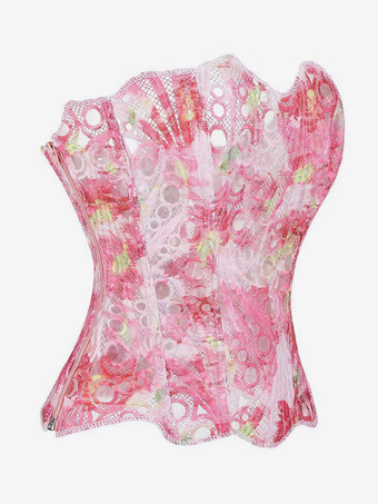 Korsett-Bustier aus rosafarbener floraler Spitze mit Überbrustband trägerlos mit Stahlstäben verstärkt