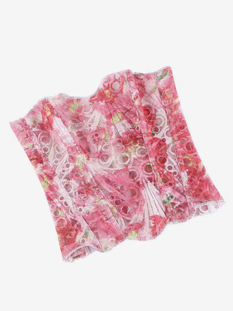 Korsett-Bustier aus rosafarbener floraler Spitze mit Überbrustband trägerlos mit Stahlstäben verstärkt