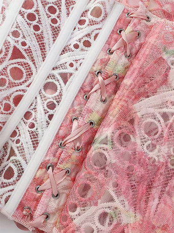 Korsett-Bustier aus rosafarbener floraler Spitze mit Überbrustband trägerlos mit Stahlstäben verstärkt