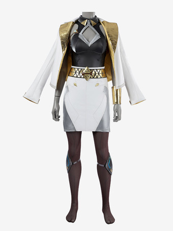 ホワイト オーバーウォッチ ジュノ スペースレンジャー コスプレユニフォーム 未来的なボディスーツセット ゴールドの裏地付きジャケットとレッグガードパーツ