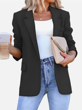 SchwarzOffener Blazer für Damen langer Schnitt Reverskragen lockere Passform lässige schwarze Anzugjacke