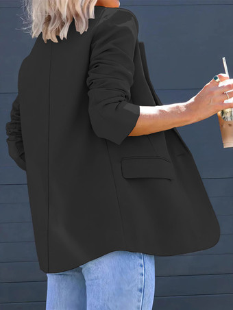 Offener Blazer für Damen langer Schnitt Reverskragen lockere Passform lässige schwarze Anzugjacke