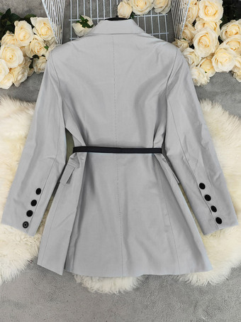 Blazer mit Gürtel lang zweireihig Revers grauer Anzugmantel für Damen
