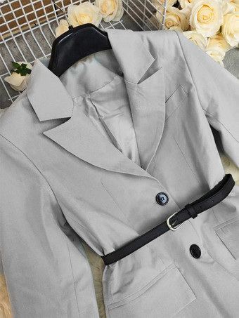 Blazer mit Gürtel lang zweireihig Revers grauer Anzugmantel für Damen