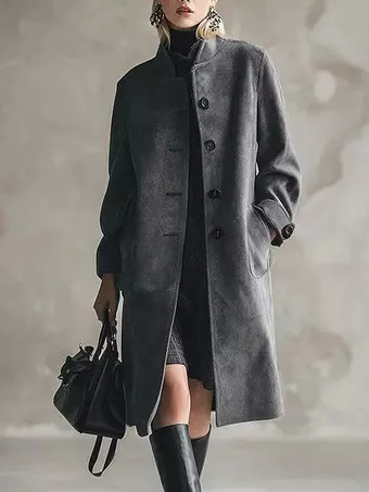 Coat Women Stand Collar Faux Suede Single Breasted Straight Mid