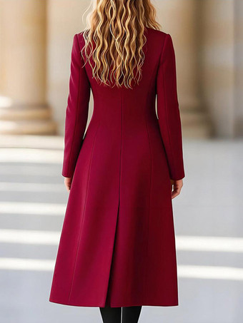 Weinroter zweireihiger Wollmischmantel mit fallendem Revers schmaler Passform Maxi-Wollmantel