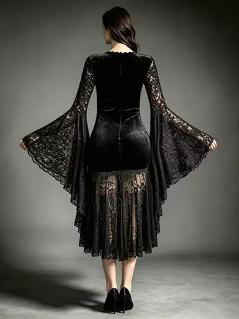 Halloween Gothic Women Dress Long Sleeve Black Velvet Deep V Waist Halloween Costume