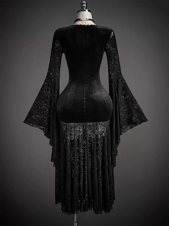 ハロウィン ゴシック レディース ドレス 長袖 ブラック ベルベット ディープ V ウエスト ハロウィン コスチューム