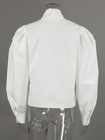Elegante weiße Bluse mit Schleifenkragen und Puffärmeln für Damen tiefes V-Ausschnitt