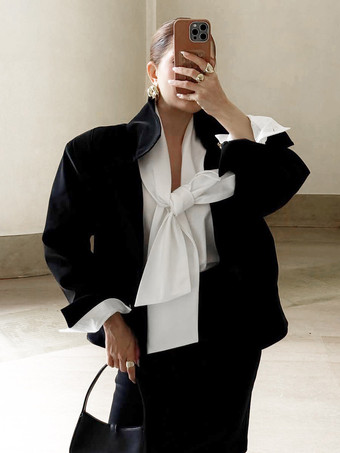 Elegante weiße Bluse mit Schleifenkragen und Puffärmeln für Damen tiefes V-Ausschnitt