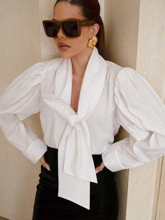 WeißElegante weiße Bluse mit Schleifenkragen und Puffärmeln für Damen tiefes V-Ausschnitt