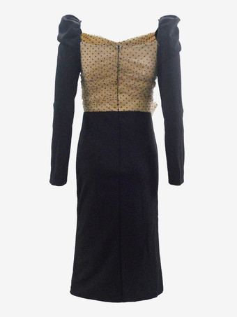 Schwarzes figurbetontes Midikleid mit Polka-Dots Mesh-Einsatz eckigem Ausschnitt Puffärmeln und Schleife am Rücken sowie Schlitz.