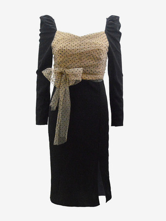 Schwarzes figurbetontes Midikleid mit Polka-Dots Mesh-Einsatz eckigem Ausschnitt Puffärmeln und Schleife am Rücken sowie Schlitz.