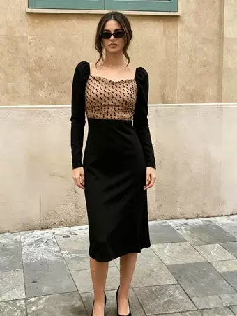 black midi dress date night Dresses Polka Dot Mesh Square Neck Puff Sleeve Back Bow Split Bodycon Dress elegant date night dresses All *working* dress to girls dress paired with dreamy tulle Size:FR 50