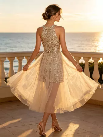 champagne birthday dresses Party Halter Sequin High Low Tulle Prom Dress Backless Mesh Party Evening Gown swatch-black Boho Mermaid V Neck Color:TEAL The sophisticated floral and